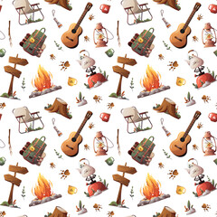 Wall Mural - seamless pattern with backpack, guitar, campfire, lantern. camping, traveling, trip, hiking, nature,