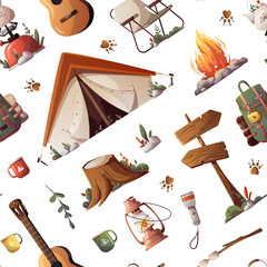Wall Mural - seamless pattern with tent, guitar, campfire. camping, traveling, trip, hiking, nature, campsite con