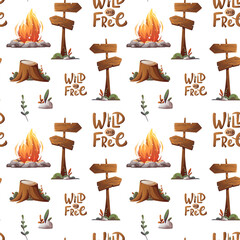 Wall Mural - seamless pattern with campfire and signpost.