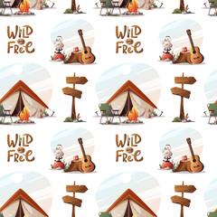 Wall Mural - seamless pattern with tent, guitar, campfire. camping, traveling, trip, hiking, nature, campsite con