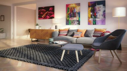 Wall Mural - Contemporary Furnishing & Artwork Inside a Living Room  - loopable 3d visualization