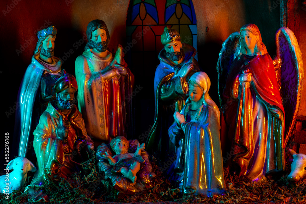 Nativity of Jesus. Christmas Jesus in crib. Christmas nativity scene of ...
