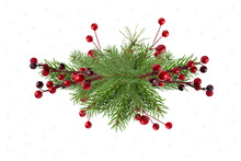Fir Branch, With Branches Of Red Berries And Snow Isolated. Snowflakes.Christmas Green Spruce Branch,   Decoration Red Berries Holly. Green Fir Tree Branch, Isolated On Transparent Background Png