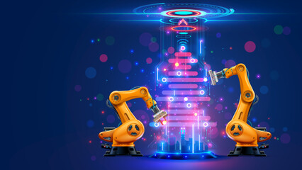 Poster - Industry robot decorations christmas tree. Robotic arm on factory on card of christmas holidays. Industrial robots manipulator decorations cyber virtual christmas tree in modern tech style.