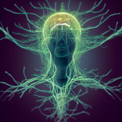 Poster - Beautiful abstract, Brain in web with light symbol on a blue background ..