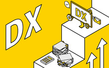 DXでの業務改善、成功と成長のイメージ、非効率なビジネスからスマートなビジネスへ、アイソメトリック