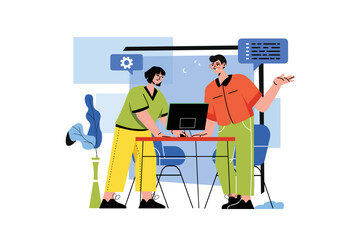 Poster - Color concept Programming with people scene in the flat cartoon design. Two employees decide to write a programming code for application. Vector illustration.