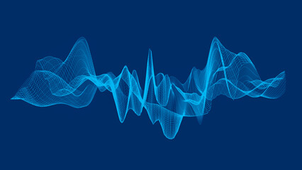 Wall Mural - Illustration of abstract blue wireframe sound waves, visualization of frequency signals audio wavelengths, conceptual futuristic technology waveform background with copy space for text