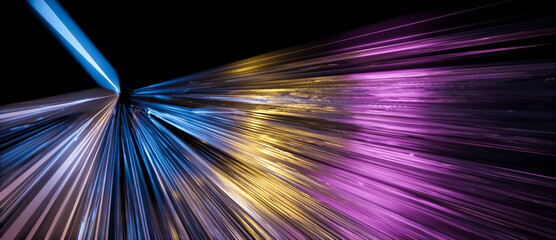 Wall Mural - Abstract 3D illustration of glowing bright neon light streaks in motion. Visualization of data transfer, rapid movement or cyberspace on black background