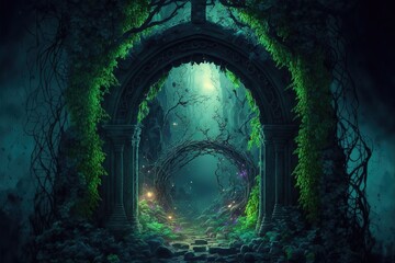 Wall Mural - Magical portal with arch made with tree branches in shady green forest. Open door to alternative dimension fantasy scene. 3d artwork. AI