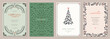 Retro Christmas vector templates. Universal Winter Holiday cards with decorative Christmas Tree, ornate floral background and frame with copy space, birds and greetings.