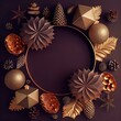 Luxury Christmas decorations on brown background. Flat lay composition with empty space for text. AI generated image.