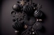 Luxury Christmas black and gold decorations on black background. Flat lay composition with empty space for text. AI generated image.