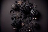 Fototapeta Koty - Luxury Christmas black and gold decorations on black background. Flat lay composition with empty space for text. AI generated image.