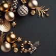 Luxury Christmas gold and white decorations on grey background. Flat lay composition with empty space for text. AI generated image.