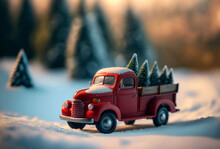 Vintage Red Christmas Truck Carrying A Fir Tree. Festive Background. Genrative Ai