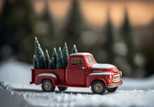 Vintage Red Christmas Truck Carrying A Fir Tree. Festive Background. Genrative Ai