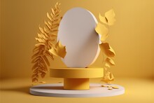 3d Yellow Background Products Display Podium Scene With Yellow Leaf Platform. Podium, Pedestal, Layout, Template For The Presentation Of A Modern Exhibition Or Gallery. 3d Illustration