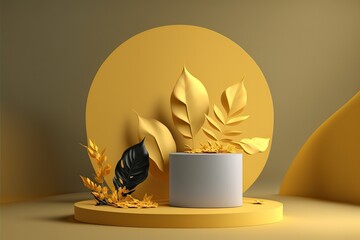 Fototapete - 3d yellow background products display podium scene with yellow leaf platform. Podium, pedestal, layout, template for the presentation of a modern exhibition or gallery. 3d illustration