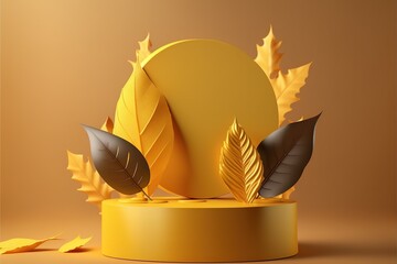 Fototapete - 3d yellow background products display podium scene with yellow leaf platform. Podium, pedestal, layout, template for the presentation of a modern exhibition or gallery. 3d illustration