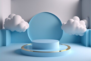 Fototapete - blue rendering with podium and minimal cloud scene, minimal product display background 3d rendered geometric shape sky cloud blue pastel. Podium, pedestal, layout, template for the presentation of a 