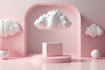 Fototapete - Background vector 3d pink rendering with podium and minimal cloud white scene. Podium, pedestal, layout, template for the presentation of a modern exhibition or gallery. 3d illustration