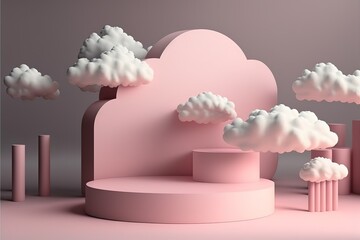 Fototapete - cloud background vector 3d pink rendering with podium and minimal cloud scene. Podium, pedestal, layout, template for the presentation of a modern exhibition or gallery. 3d illustration