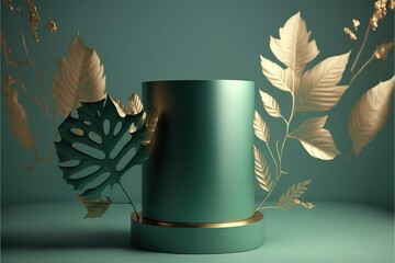 Fototapete - Cylinder display abstract minimal scene with leaf geometric platform. Podium, pedestal, layout, template for the presentation of a modern exhibition or gallery. 3d illustration