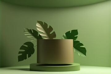 Fototapete - Cylinder display abstract minimal scene with leaf geometric platform. Podium, pedestal, layout, template for the presentation of a modern exhibition or gallery. 3d illustration