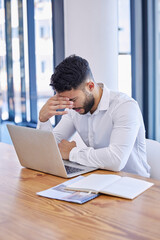 Poster - Headache, stress and businessman with burnout, anxiety and mistake on laptop 404 glitch, fail or risk. Tired, sad and confused manager, mental health and pain of tax audit, debt crisis and bankruptcy