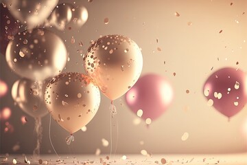 Wall Mural - Holiday greeting background with pink and gold balloons blurred background and confetti. Generative Ai.