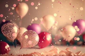 Wall Mural - Holiday greeting background with pink and gold balloons blurred background and confetti. Generative Ai.