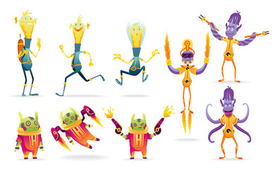 Aufkleber - Cartoon aliens. Robot toys characters set. Collection of androids isolated on white background. Funny monsters for kids monstrosity in space suits