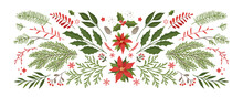 Christmas Floral Design Elements Set. Fir Branches, Leaves, Tree Twigs, Berries, Flowers, Poinsettia, Snowflakes And Stars. Christmas Decoration In A Flat Style On A White Background