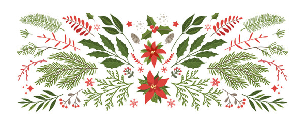 Wall Mural - christmas floral design elements set. fir branches, leaves, tree twigs, berries, flowers, poinsettia