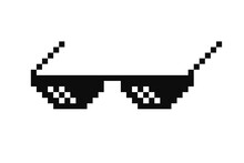 Pixel Glasses In Black And White Color. Thug Life Symbol Glasses In Pixel Art Style. Pixel Glasses Icon On Transparent Background