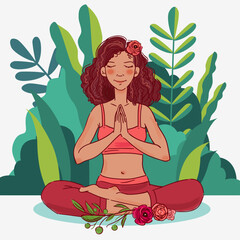 Cute, young woman practicing yoga in the garden. Summer landscape background

