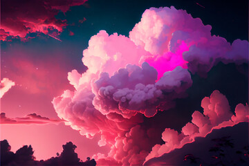 Wall Mural - Sunset o sunrise sky with fluffy pink cotton like clouds ideal for backgrounds and textures, sky, cloud, pink, fluffy, cotton, soft, candy, background, backdrop, romantic, texture, skyscape, fairytale