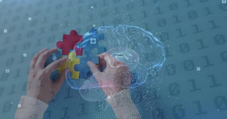 Aufkleber - Animation of digital brain and data processing over hands holding puzzle pieces on blue background