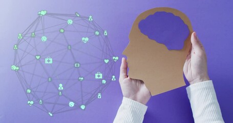 Aufkleber - Animation of globe of connections with icons over hands holding human head on purple background