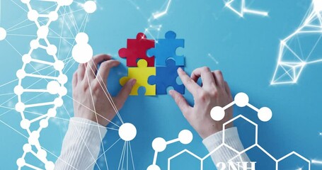 Aufkleber - Animation of dna strand and chemical formula over hands holding puzzle pieces on blue background