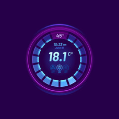 Poster - Smart thermostat temperature control dial. Temperature regulator screen, house conditioning and heating system digital interface indicator, climate control equipment app vector icon, meter or bar