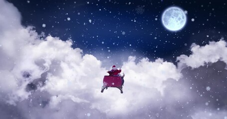 Wall Mural - animation of christmas decorations and santa claus in sleigh with reindeer over full moon