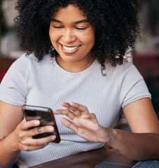 Poster - Black woman, phone and laptop, internet cafe and remote work, blog or freelancer entrepreneur. Happy young female in coffee shop typing on smartphone, social media and reading mobile app notification
