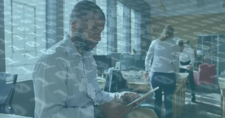 Poster - Animation of data processing over african american businessman using tablet at office