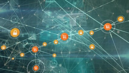 Poster - Animation of network of connections with icons and data processing on black background
