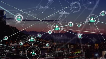 Poster - Animation of network of connections with icons and data processing over cityscape