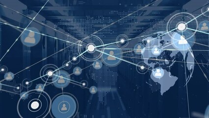 Poster - Animation of network of connections with icons and data processing over server room