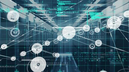 Poster - Animation of network of connections with icons and data processing over server room