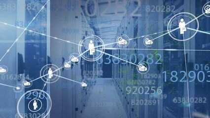 Poster - Animation of network of connections with icons and data processing over server room